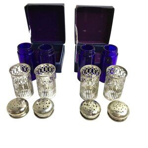 House Of Global Art Cobalt Blue Salt Pepper Shakers Silverplate Filigree Sleeve